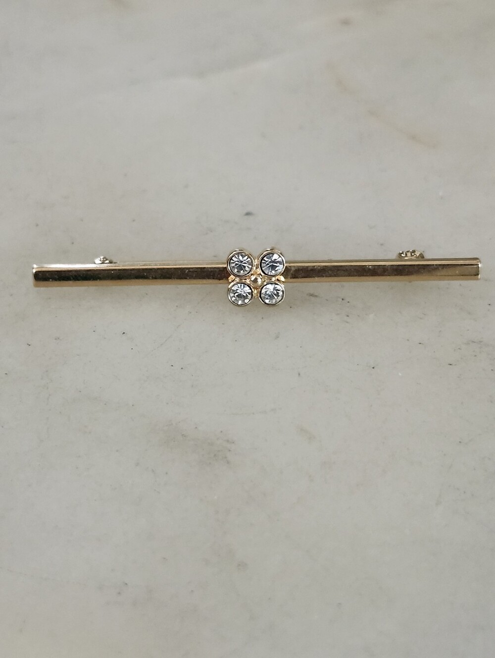 Gold Tone Bar Brooch with Clear Crystal Floral Accents